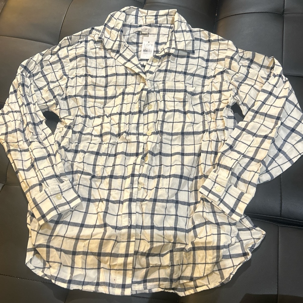 White and blue plaid button down shirt